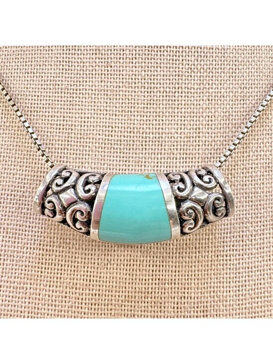 Jewelry - Turquoise & Sterling Silver 925 Scroll Slide Pendant Necklace Size 18" Length